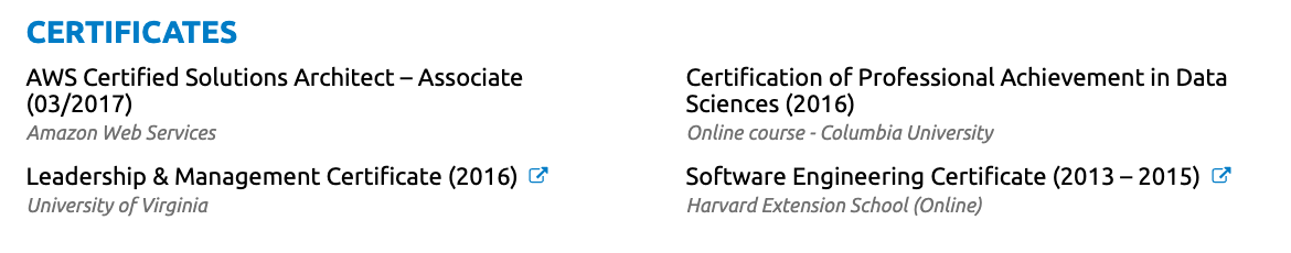 certificates on resume