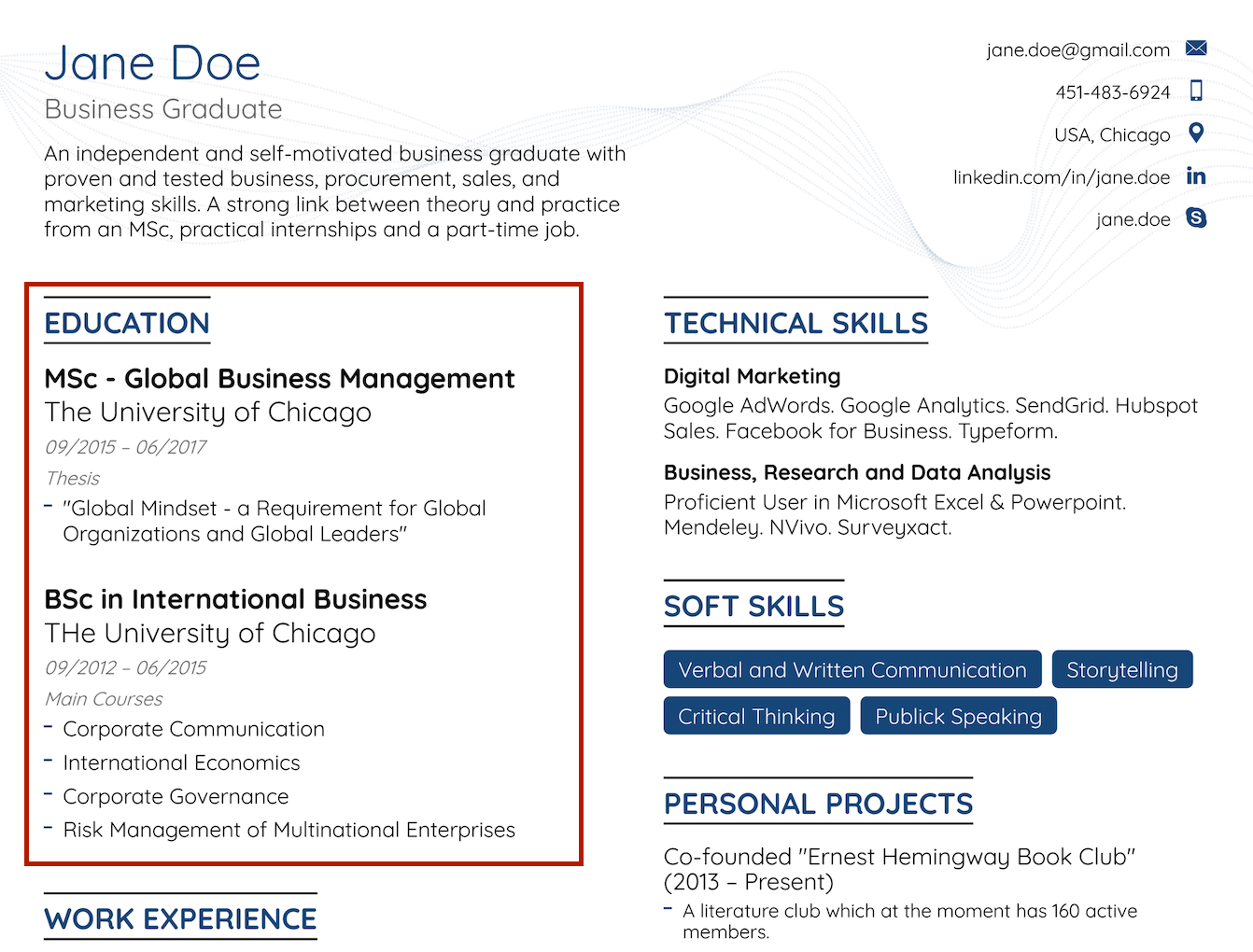 education section on resume no experience