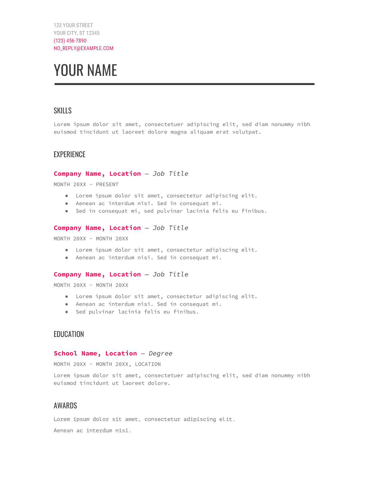 modern one page google docs resume template