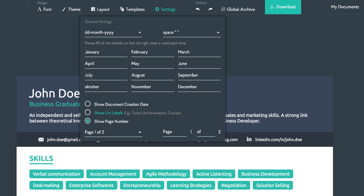 novoresume general settings