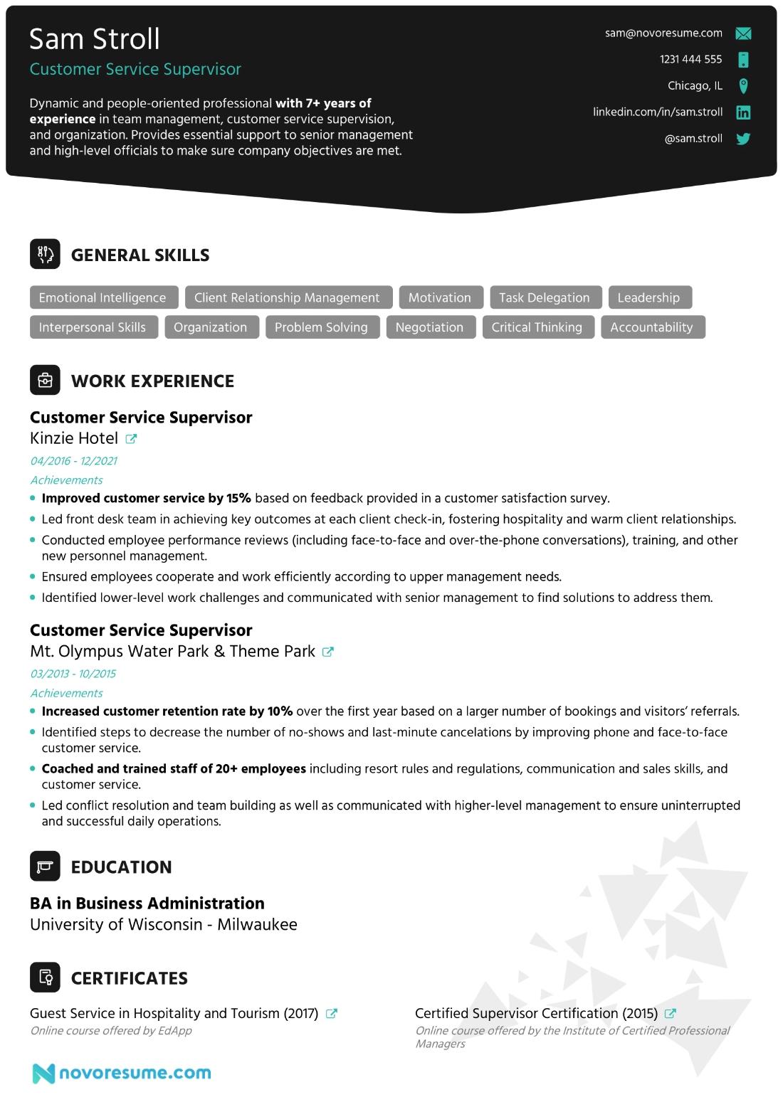 Supervisor Resume Example