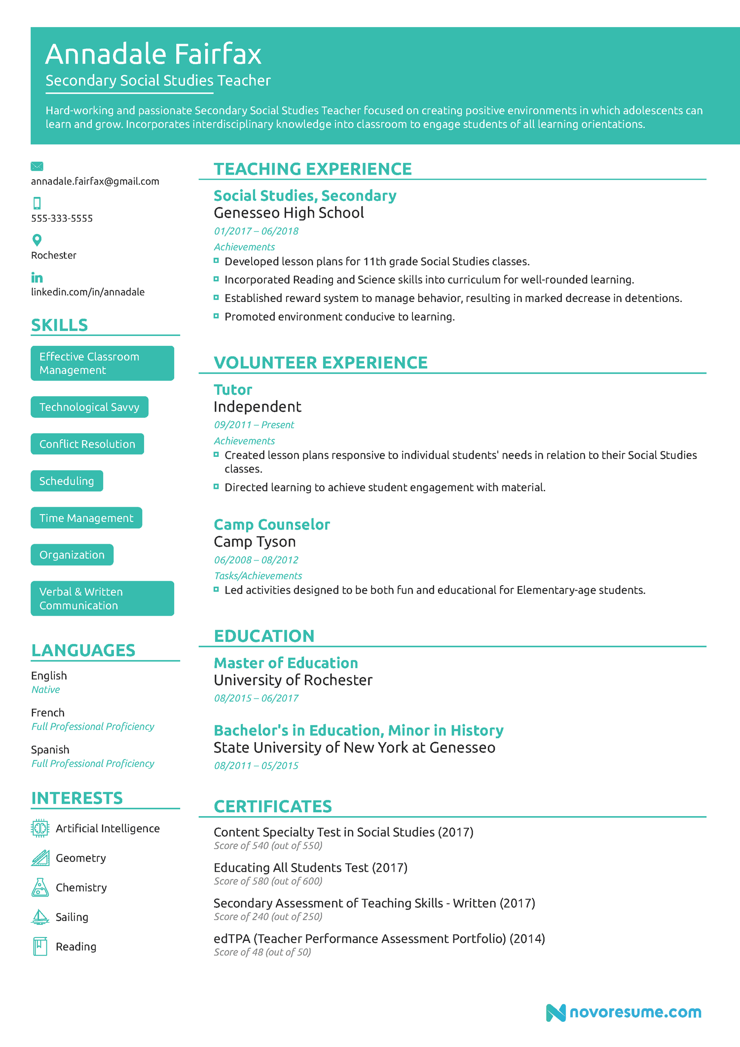 Teacher Chronological Resume